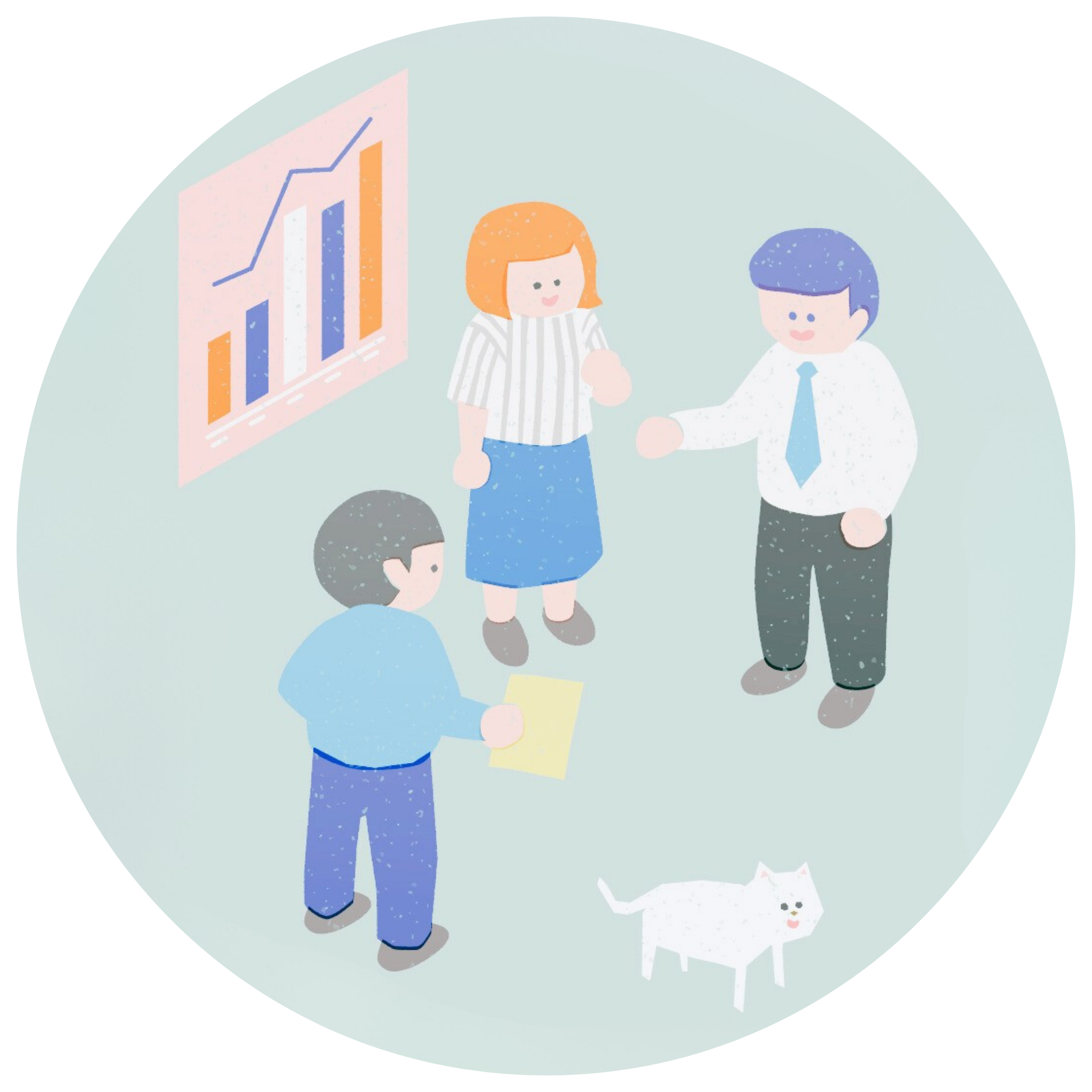 オフィスで会議をしているビジネスマンと女性、そして猫のイラスト