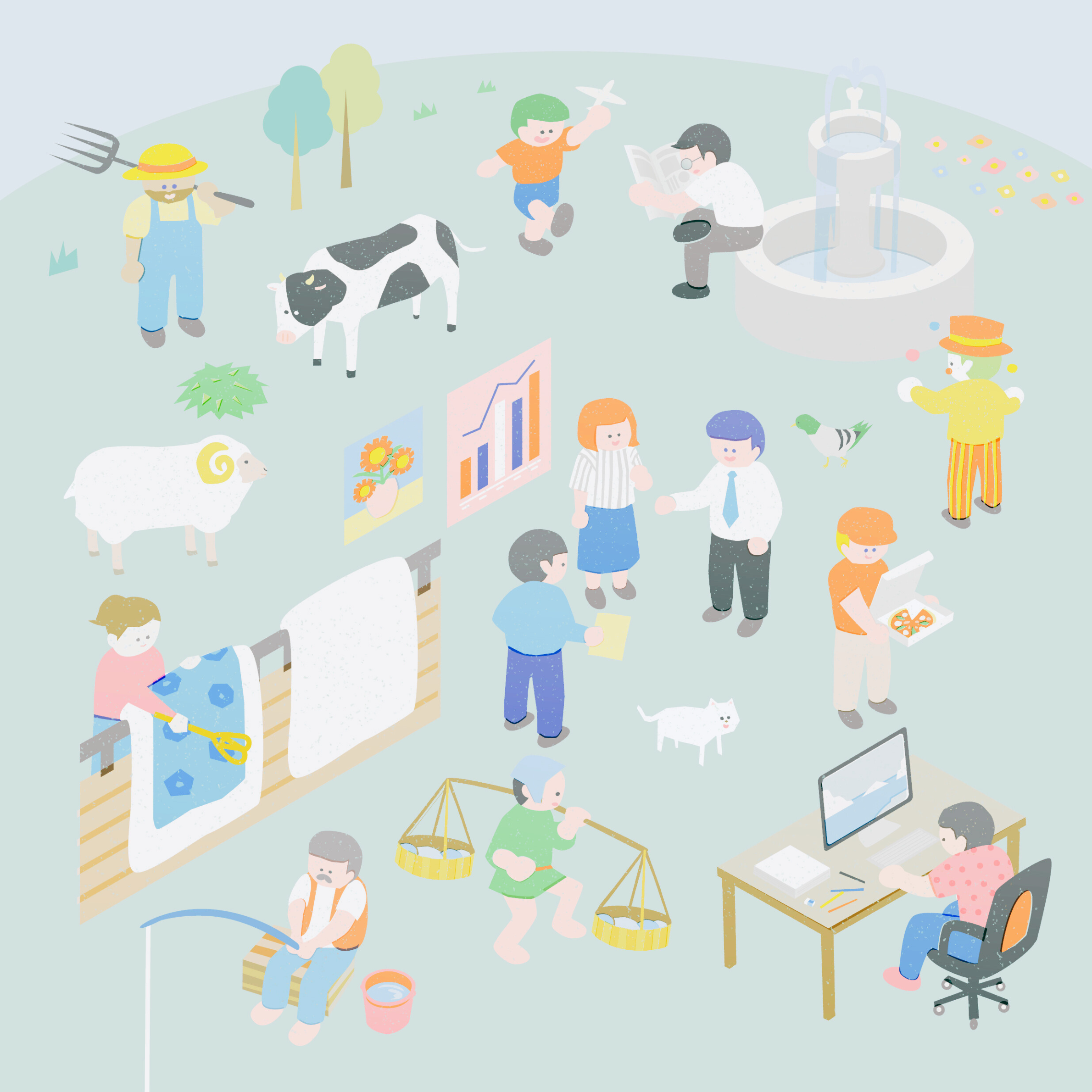 さまざまな人と動物が集まるコミュニティの風景。農場のヤギや羊、牛、鳥、魚釣り、打ち合わせの様子やコンピューター作業など多彩な活動が描かれている。