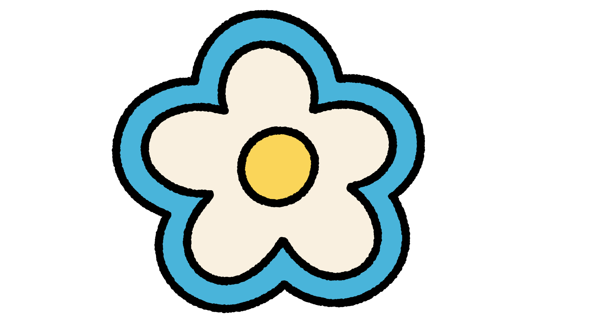 青い縁取りの中央に白い花の形状と黄色い中心