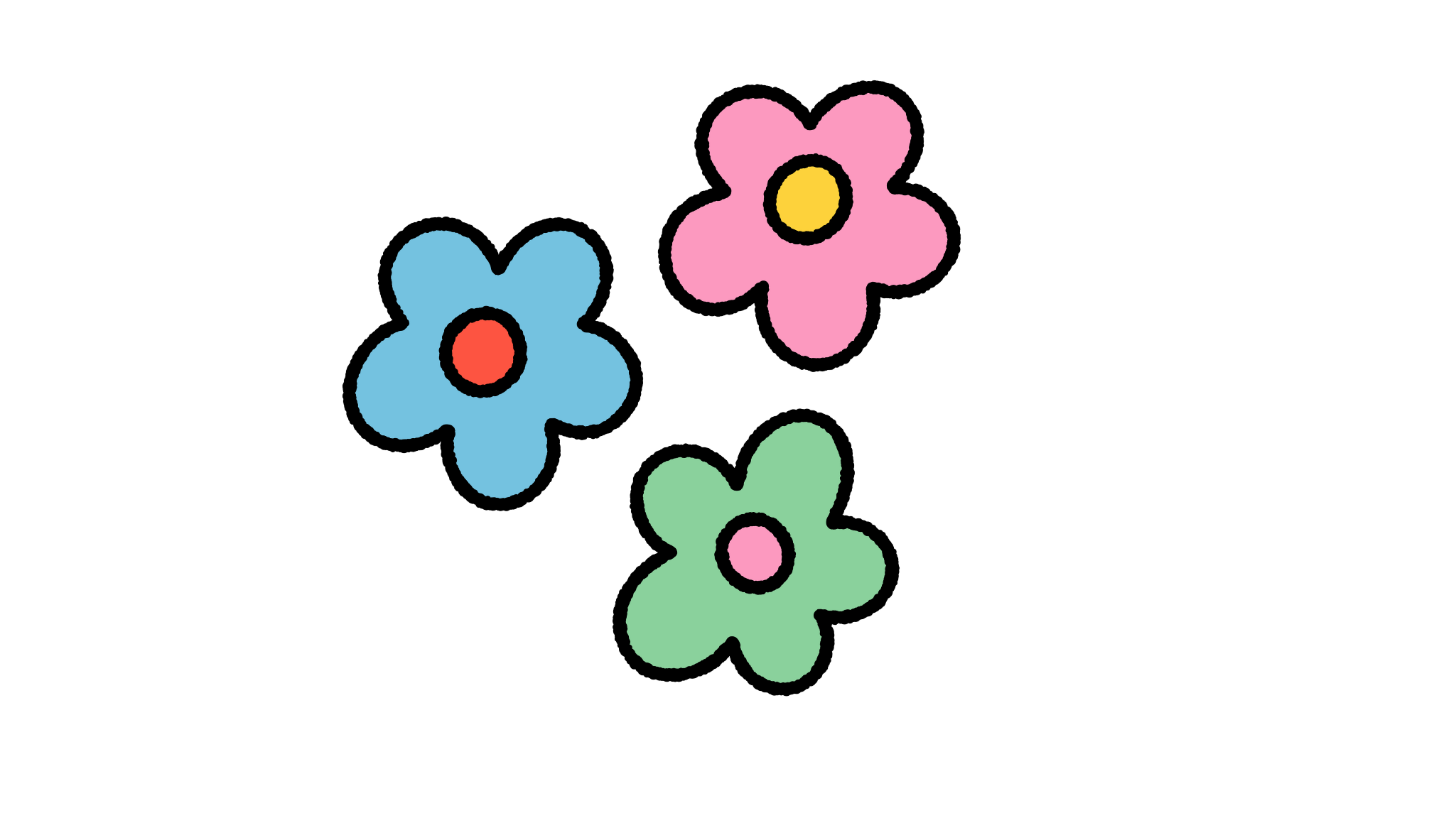 3つのカラフルな花のイラスト。ブルー、ピンク、グリーンの花が黒背景に配置されている。