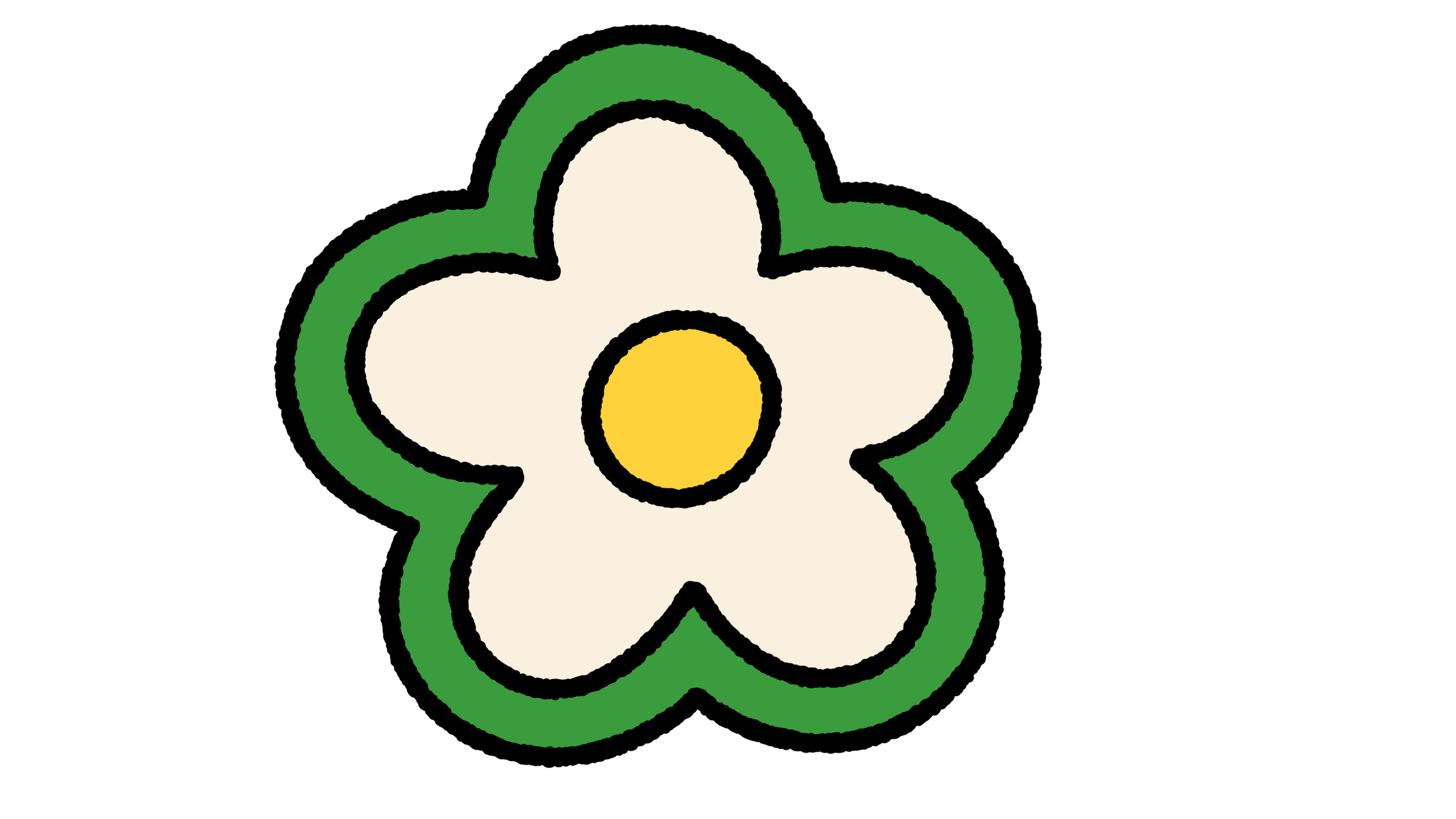 白い花に黄色い中心があるシンプルなイラスト。緑の葉っぱの輪郭が描かれている。