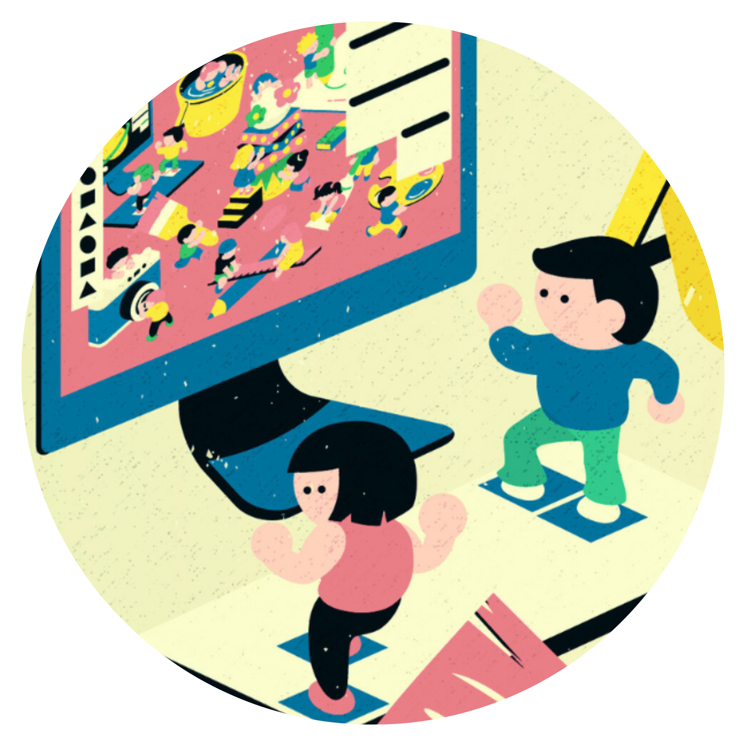 パソコンの画面にアニメーションのキャラクターが集まる様子を見ている女の子と男の子のイラスト