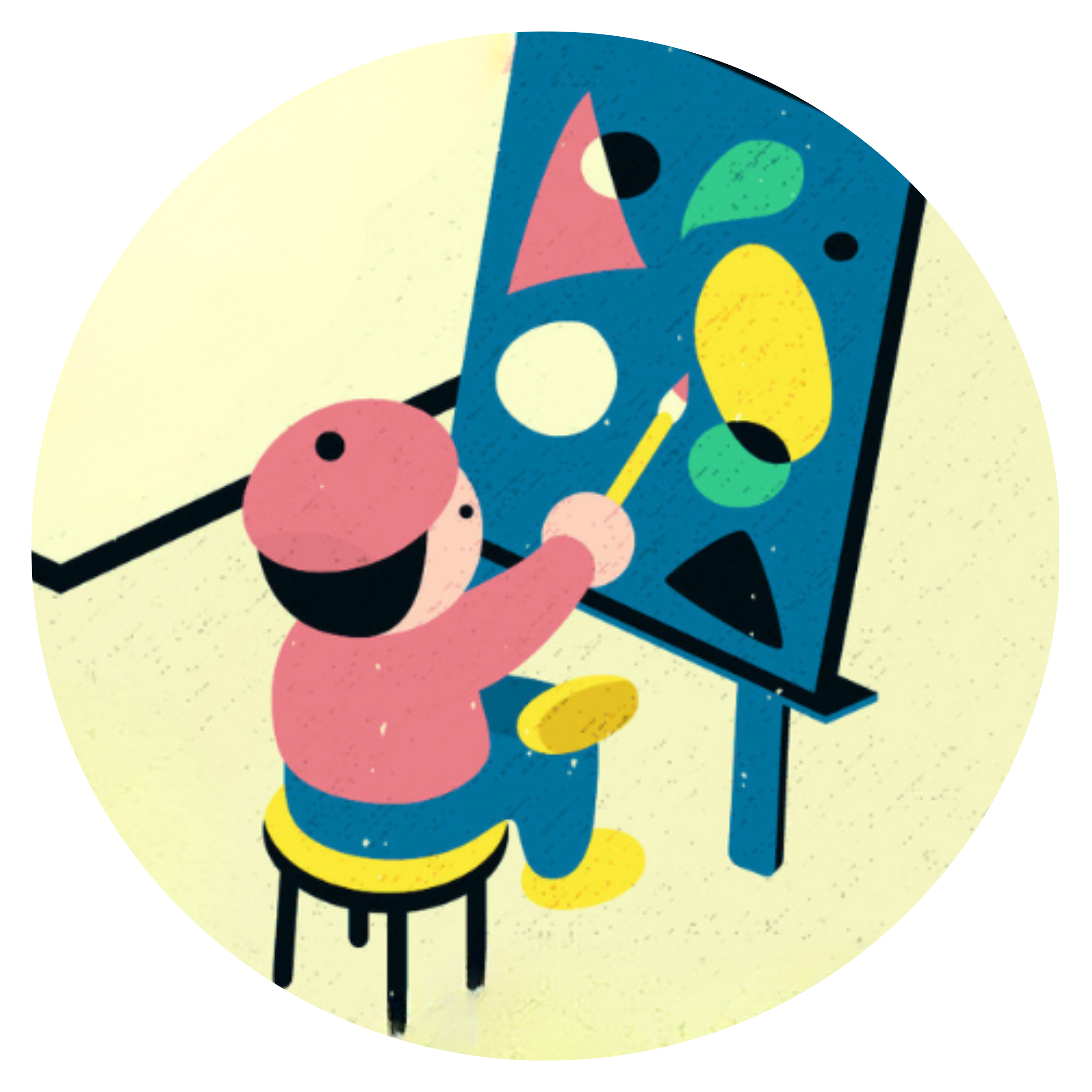 色鮮やかな抽象的な絵画を背景に、黄色と青の服を着たキャラクターが椅子に座ってカンバスに向かっていて、カンバスには様々な形と色の図形があります。