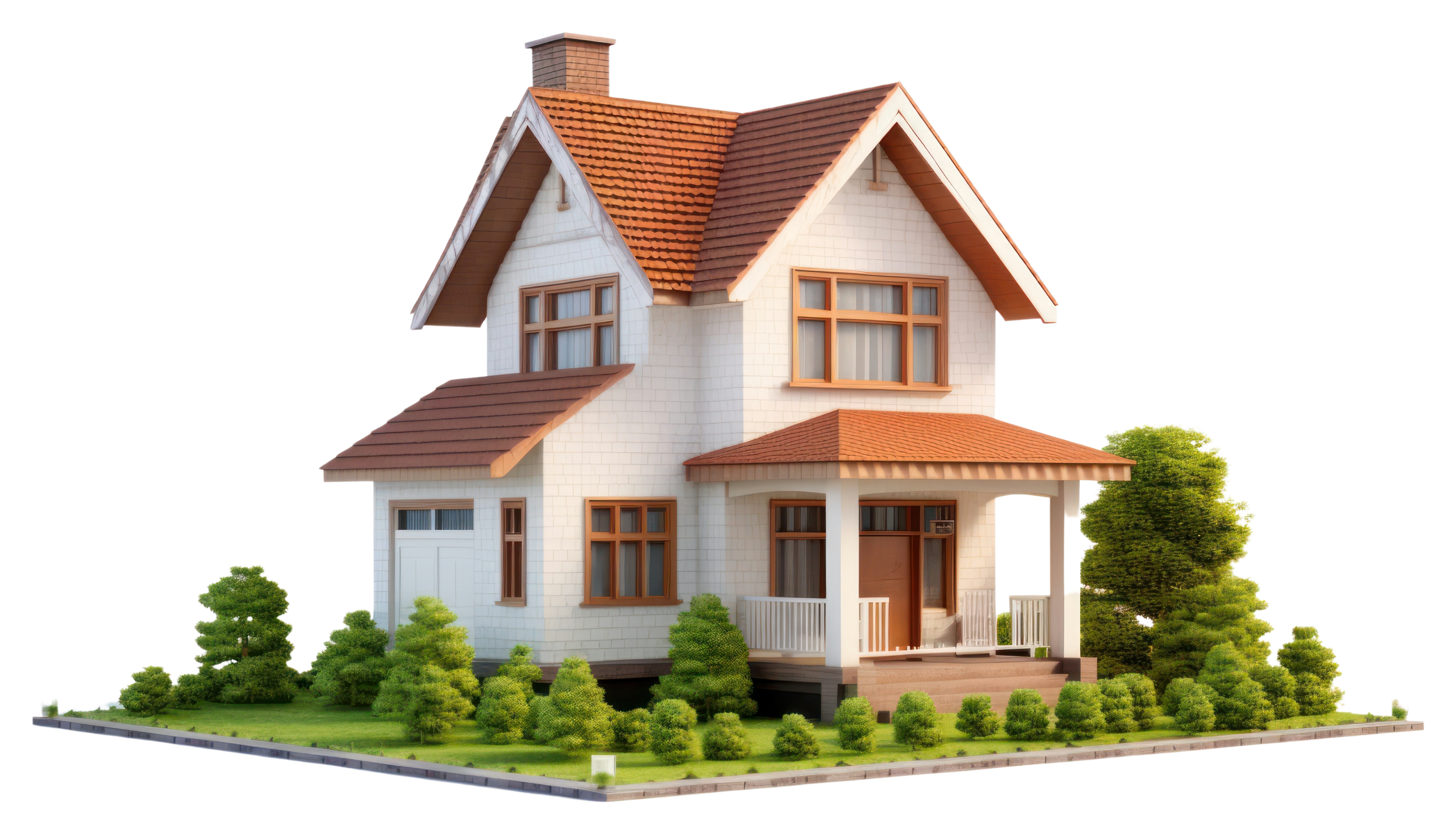A miniature model of a house with a red-tilled gabled roof, white exterior walls, and large wooden frame windows, surrounded by small lush green bushes and trees on a rectangular base.