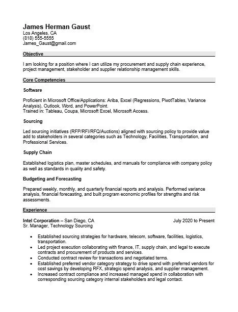 A resume for James Herman Gaust, listing objective, core competencies, software skills, sourcing experience, supply chain knowledge, budgeting, forecasting, and current employment at Intel Corporation in San Diego, CA since July 2020.