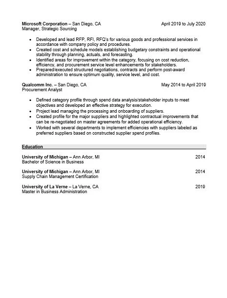 Resume page showing work experience at Microsoft Corporation from April 2019 to July 2020 and Qualcomm Inc. from May 2014 to April 2019, with education details including a Bachelor's in Business from the University of Michigan in 2014 and a Master's from Université La Verne in 2019.