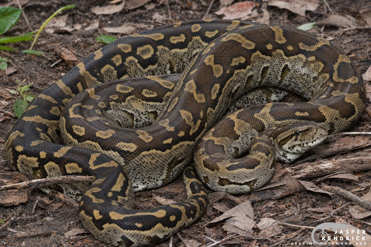 Southern African Python coiled up in leaves