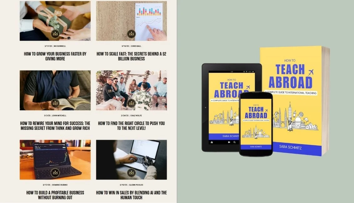 Split view. Left side: Gathering The Kings blog with 6 preview titles of blogs. Right view: Print and digital mock ups of How To Teach Abroad.