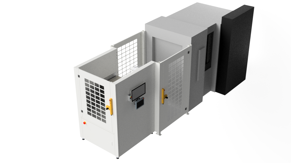 CNC Maschine mit Roboteranlage, Sicherheitsgehäuse, Gittertüren und Steuerbildschirm.