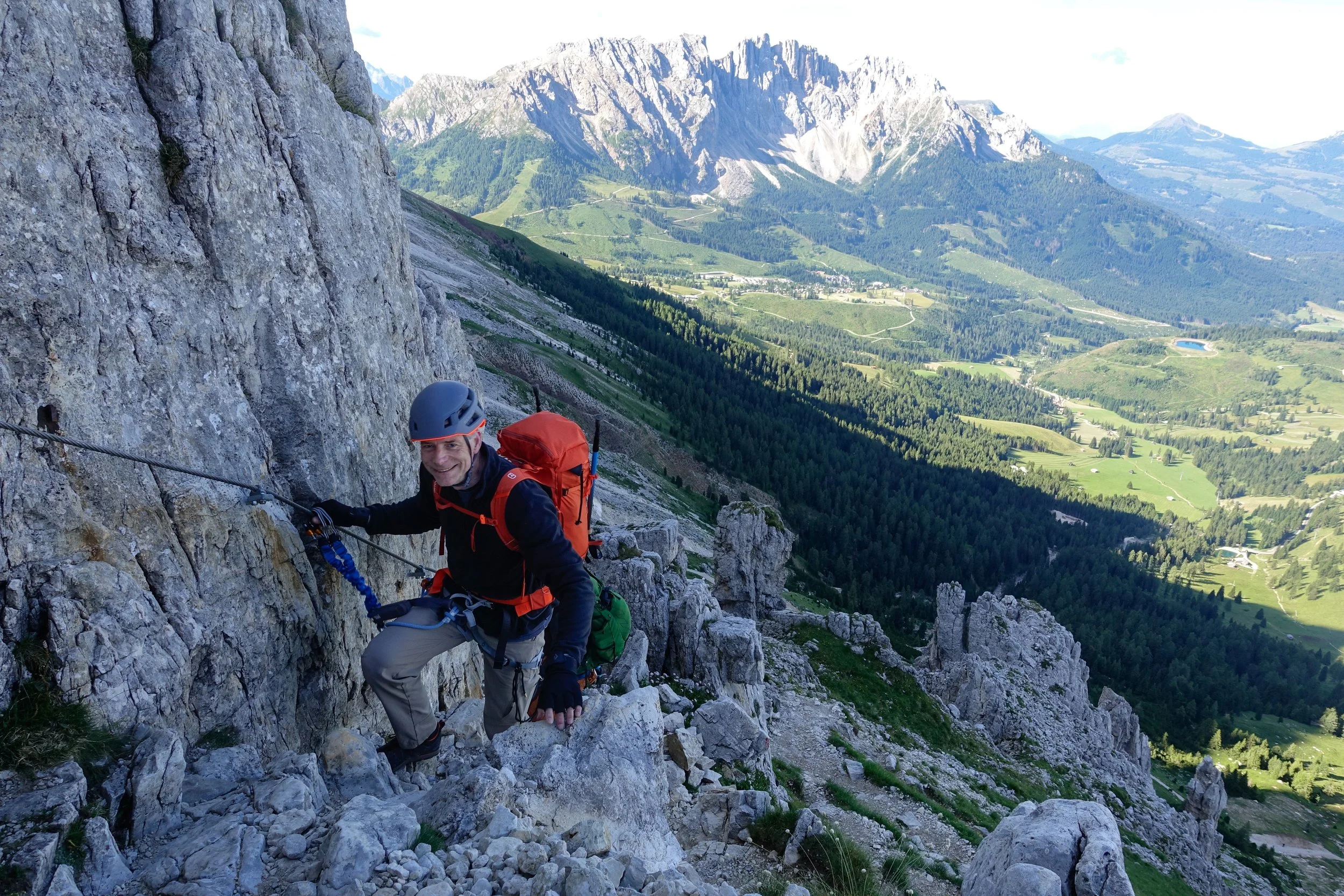 Beginning of the via ferrata, Latemar Dolomites in the background