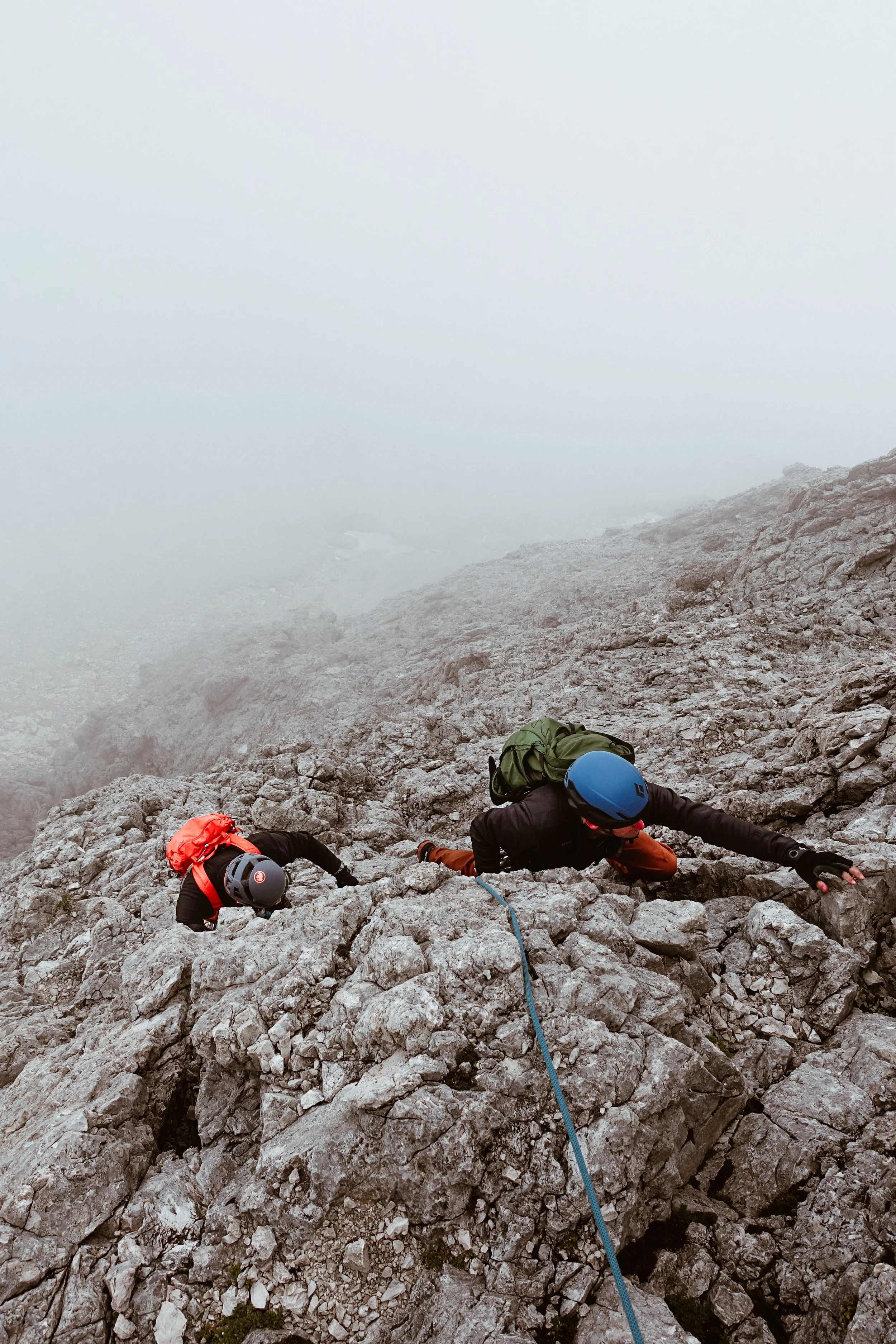 Climbing the pitches to reach the ridge