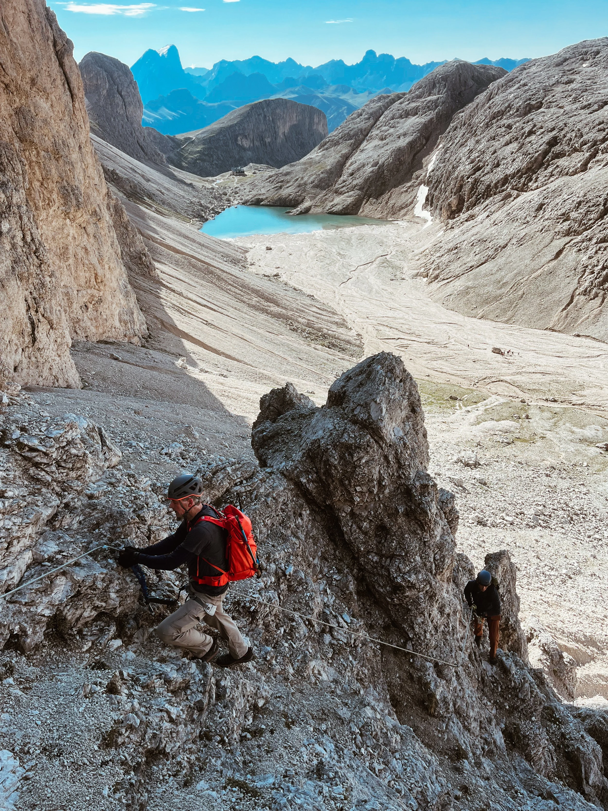 Beginning of the via ferrata Laurenzi, with the Lake of Antermoia in the background