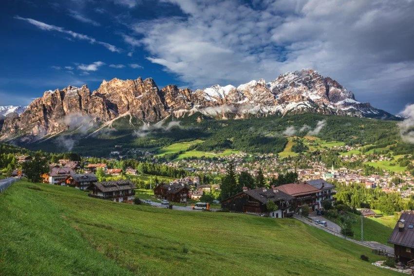 Scenic view of a mountain village with houses, lush green meadows, and snow-capped mountains in the background under a partly cloudy sky.