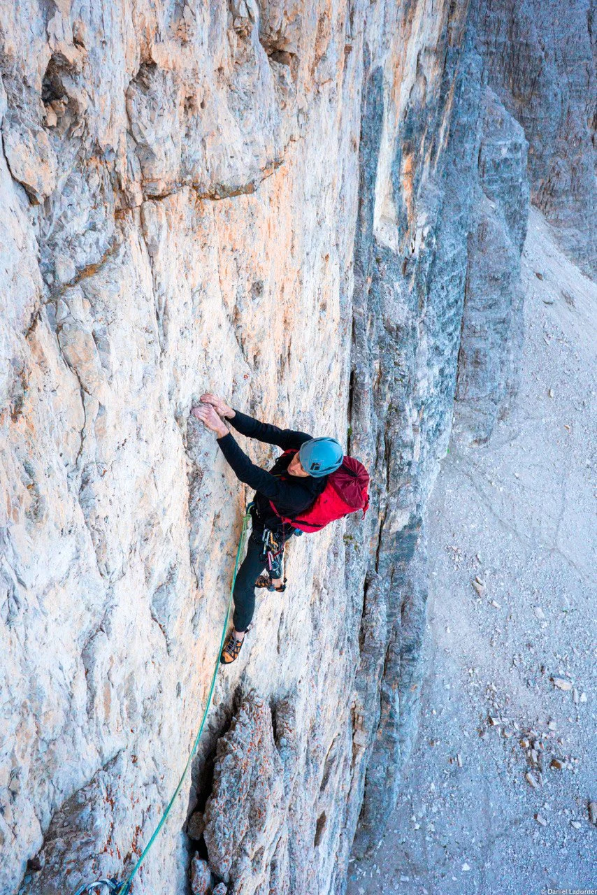 Filippo Barbieri climbing the Cima Grande, via Hasse Brandler, a difficult, steep multipitch route in the Tre cime area