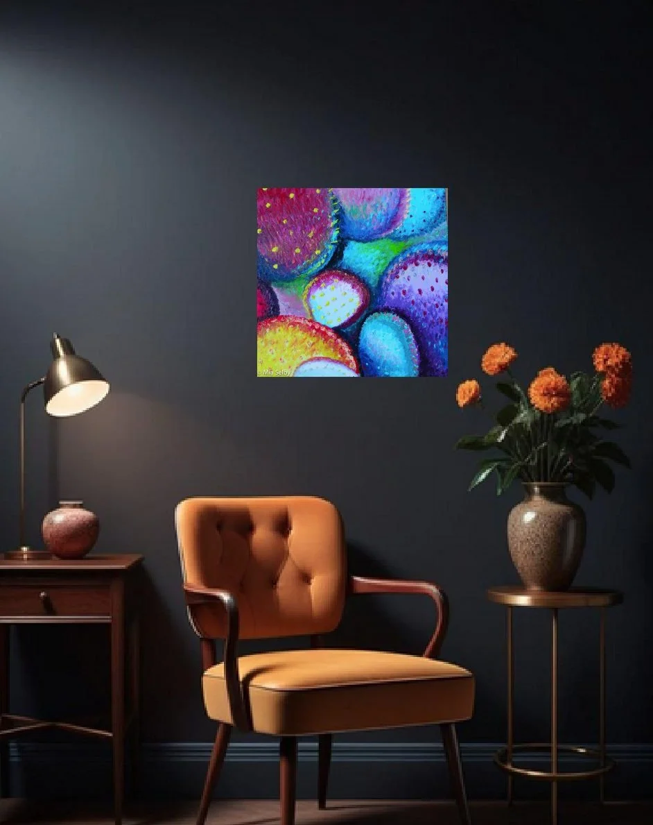 CACTOIDEA
60 x 60 cm 
fingerpainting, oil on canvas

A touch of vacation on canvas.
Sunny colors, dancing dots, and cacti swaying in a warm summer breeze &ndash; painted with my fingers, straight from the heart.

A little piece of summer that stays.
