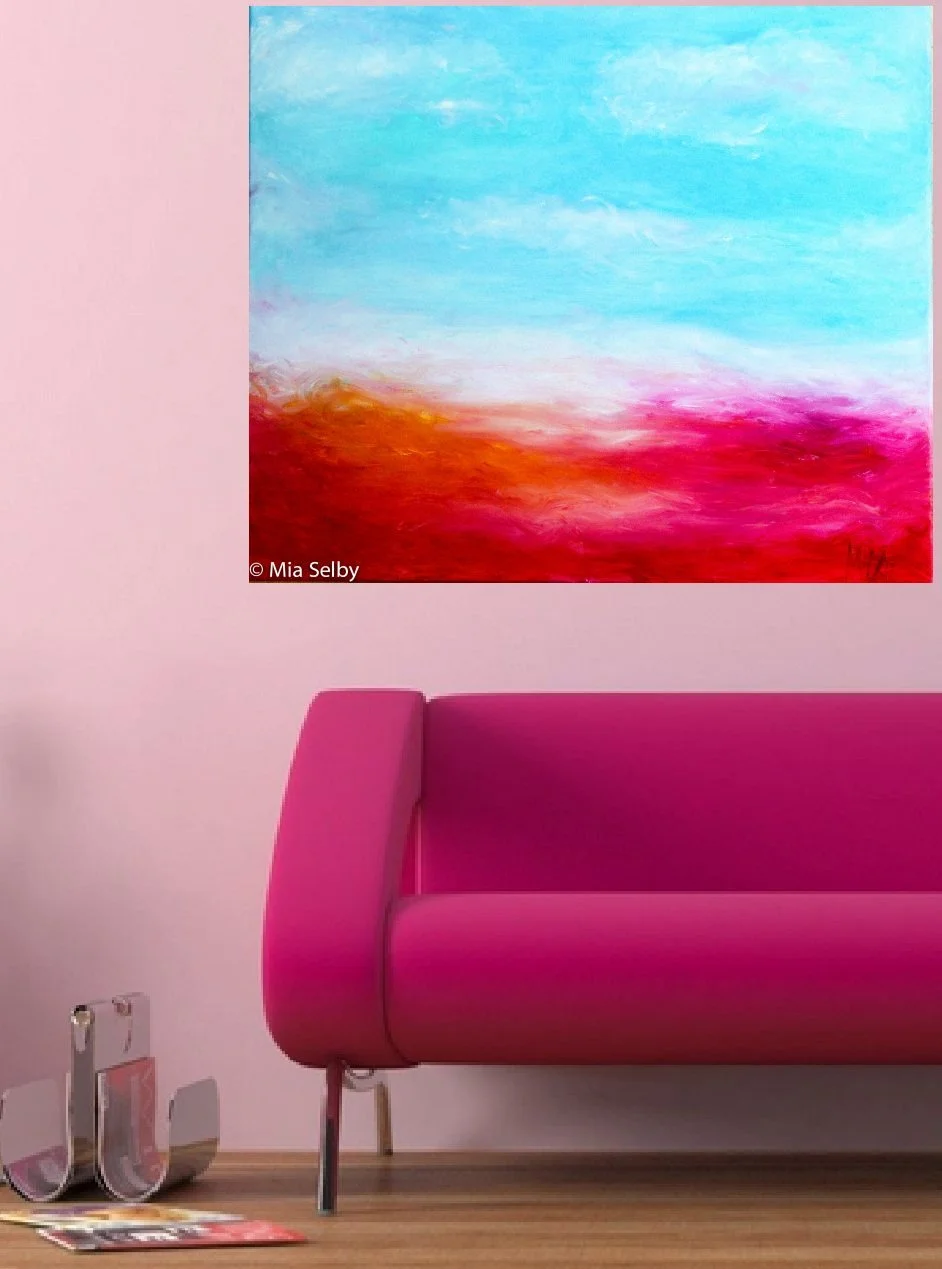 VELVET SKIES
fingerpainting, oil on canvas 100 x 80cm

leuchtendes Pint&amp;Orange und ein Blau, das an einen Sommerhimmel erinnert. Dieses Werk ist f&uuml;r mich pure Lebensfreude auf Leinwand. Wie eine warme Abendstimmung, in der die Farben leuchte