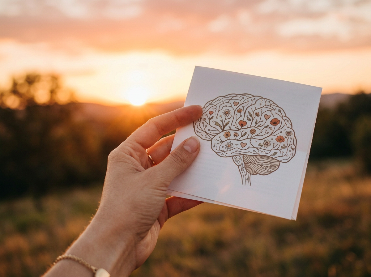 Main tenant un papier avec un dessin d'un cerveau composé de fleurs, dans un paysage en plein air au coucher du soleil.