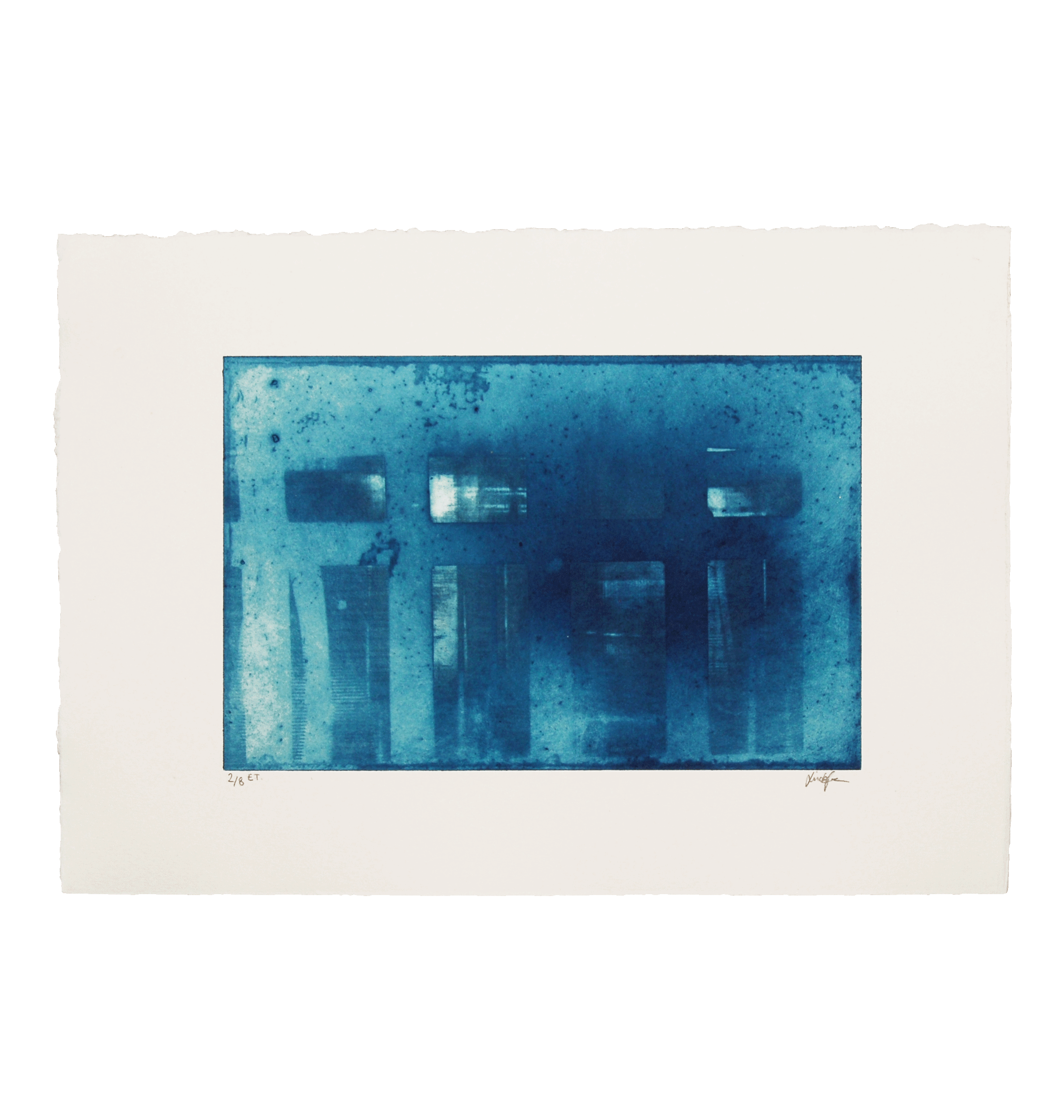 Abstract blue textured artwork on white paper border.