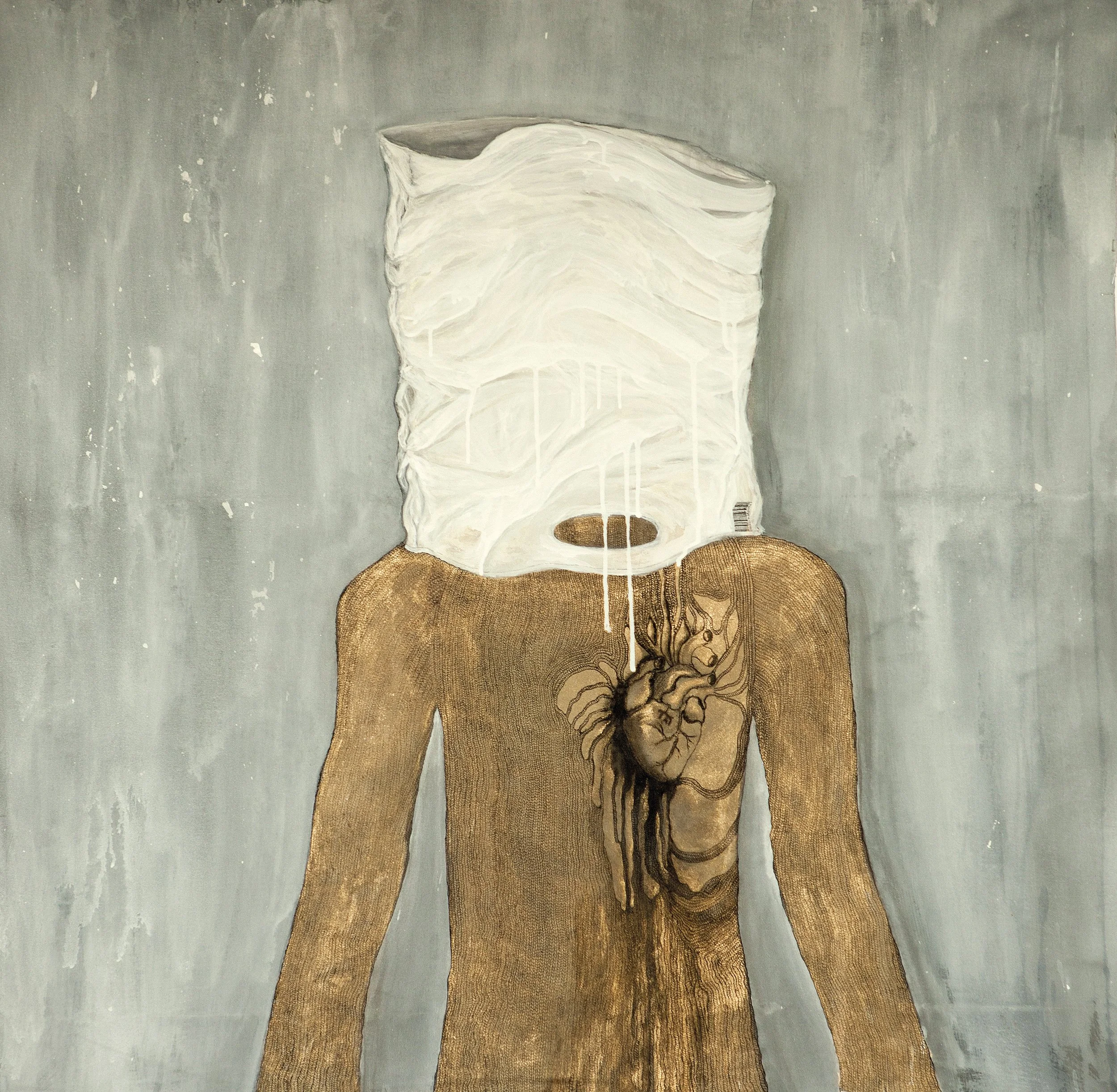 A painting of a person with a white bag over their head, exposing a human heart inside their chest and a detailed brain inside the bag.