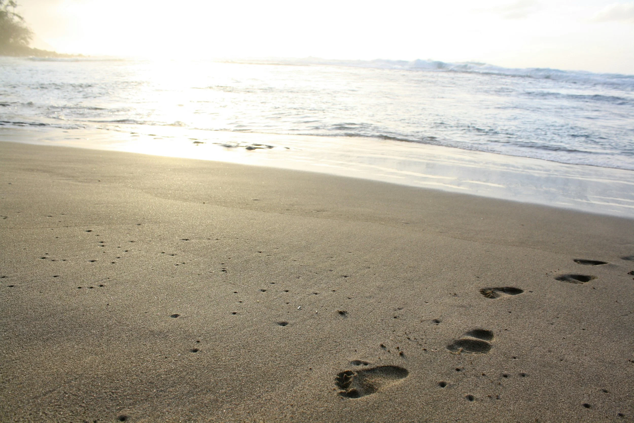 Footprints in the sand on a beach with gentle waves and sunlight in the background.