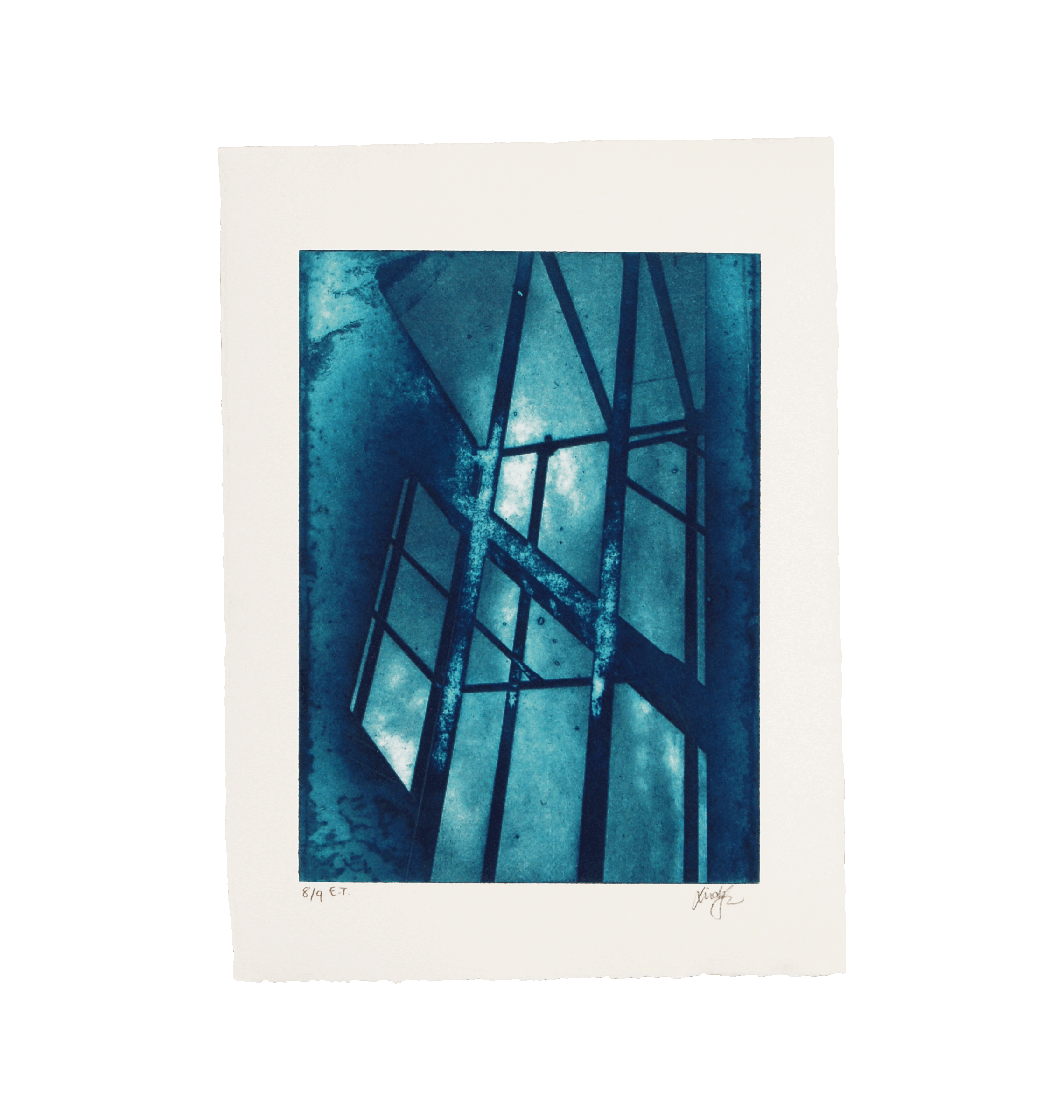 Abstract blue-toned artwork depicting geometric shapes and lines resembling window frames or structures, with a sky and clouds visible through the shapes.