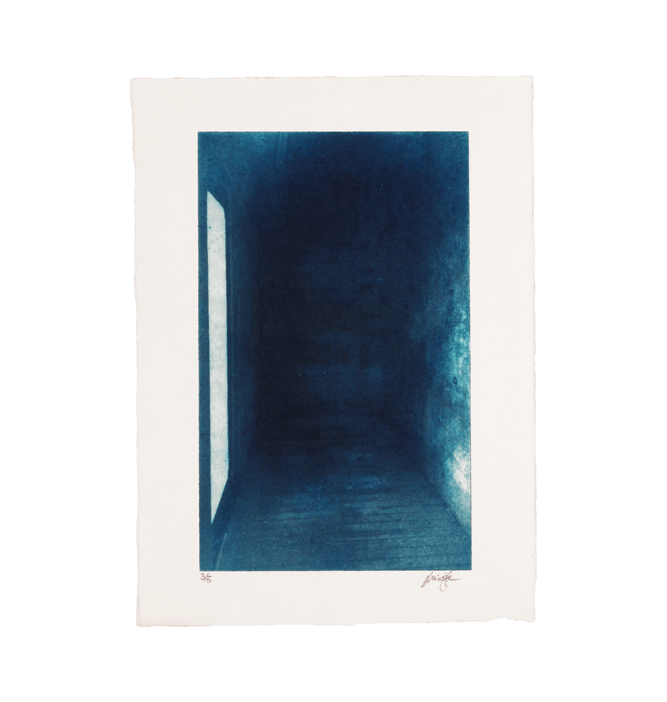 A print of a dark, empty hallway with an open door on the left side, depicted in shades of blue, signed by the artist.