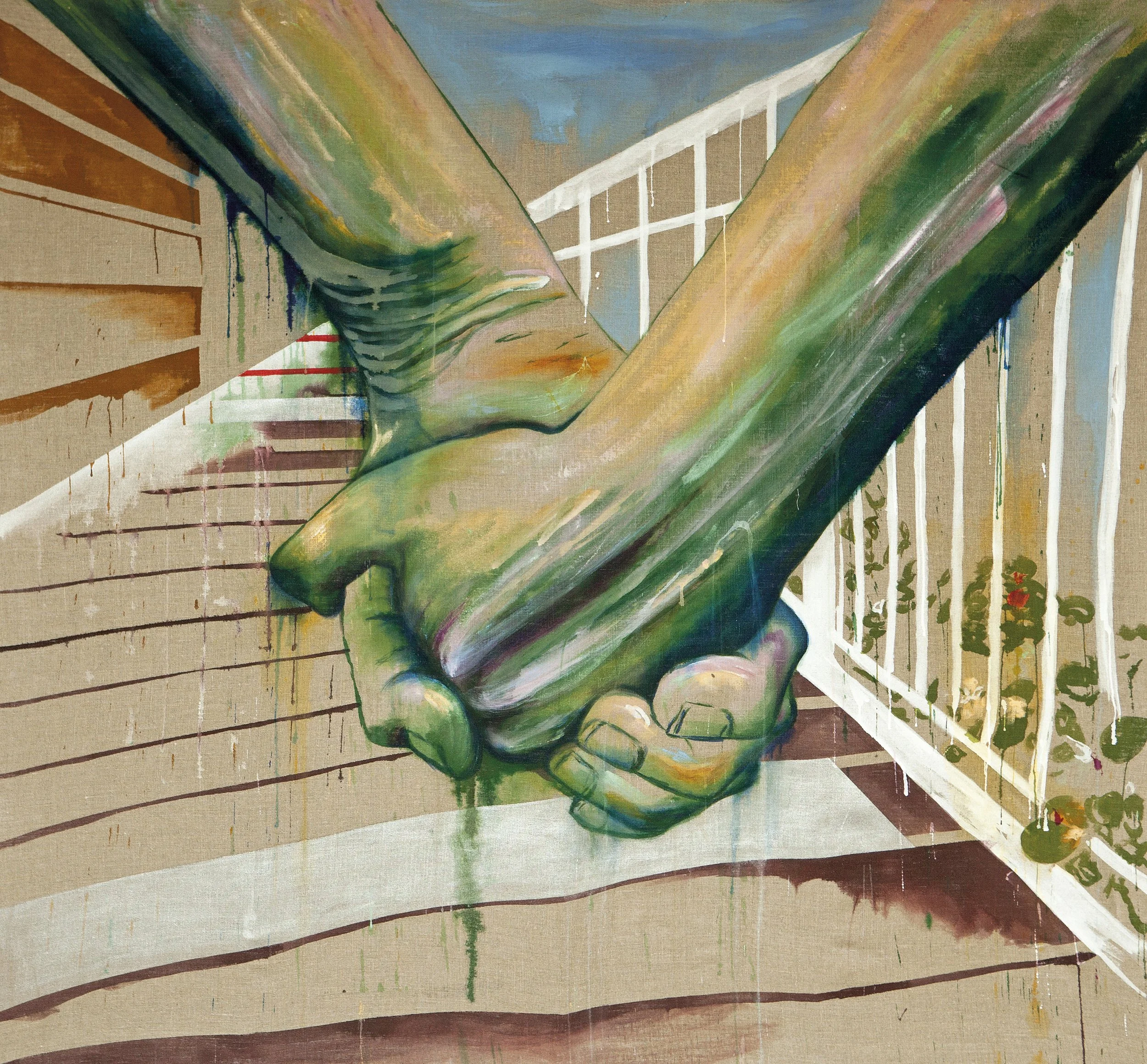 A colorful mural painting of two hands holding each other, with a background of a porch and railing, painted in an expressive style with drips and bold brushstrokes.