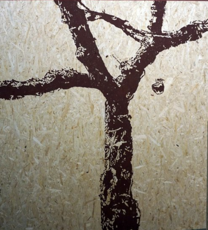 A black silhouette of a tree with a small butterfly on one of its branches, painted on a textured beige background.