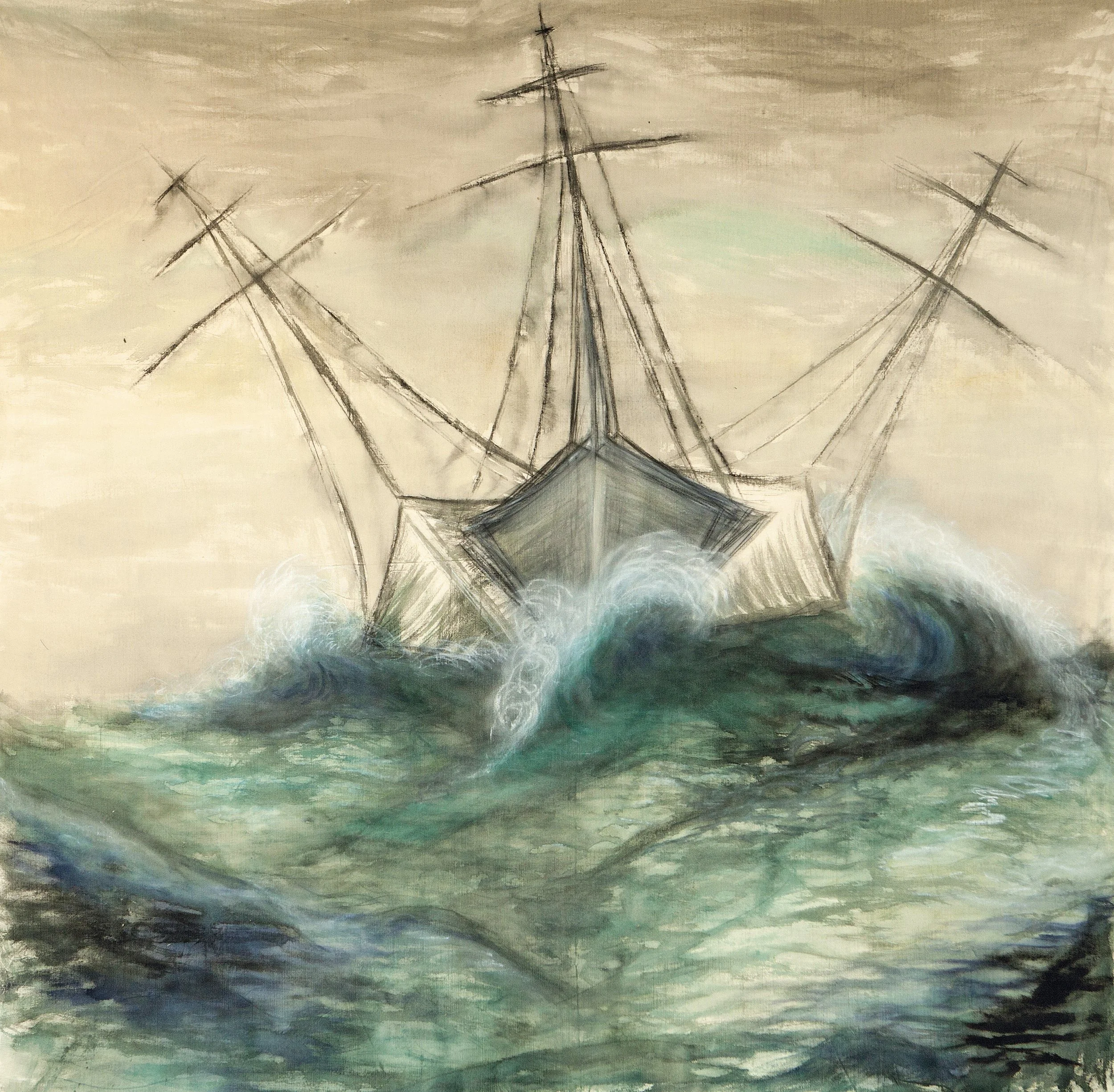 A painting of a ship with tall masts and rigging, surrounded by large, turbulent waves in the sea.