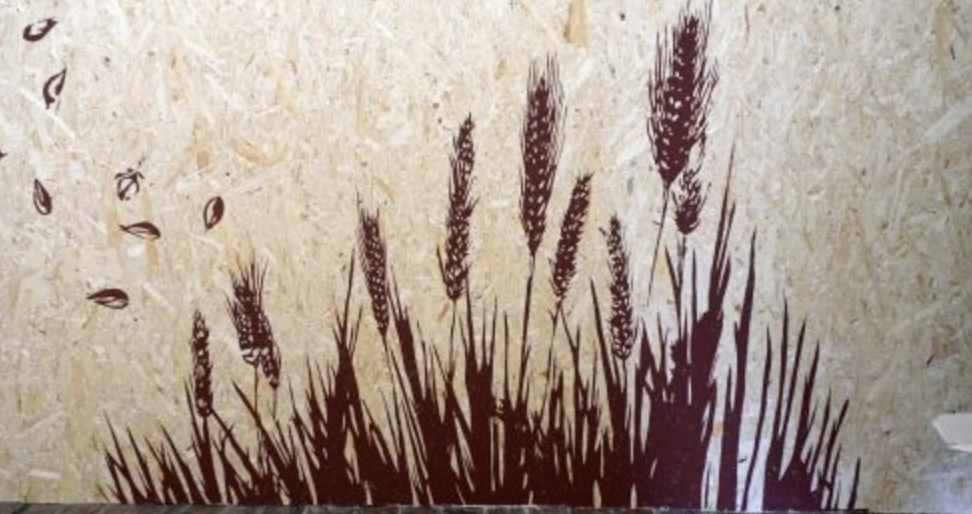 Silhouette of tall grass and wheat stalks on a textured beige wall.