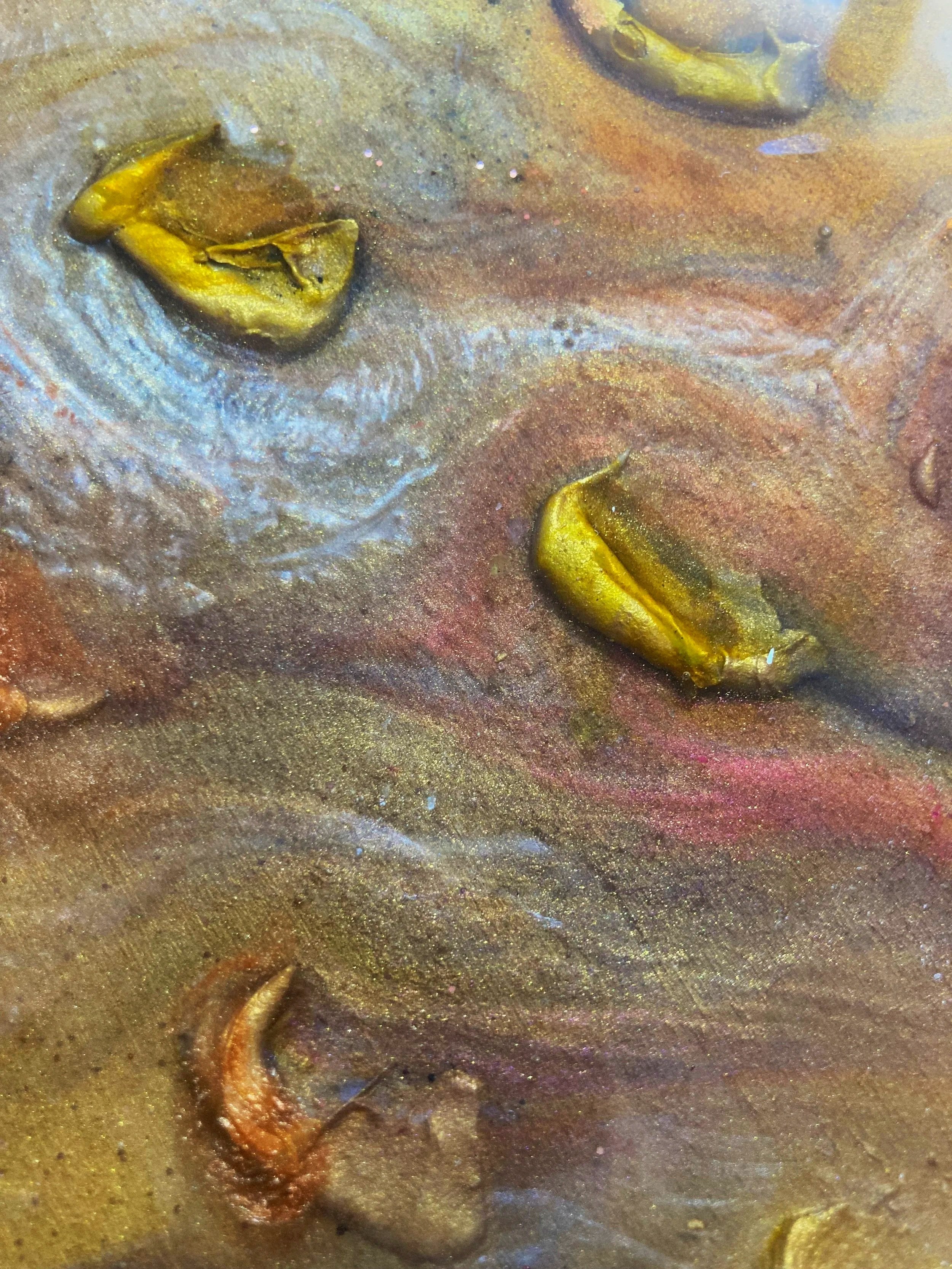 Détails en gros plan de graines et de poussière sur une surface sombre.