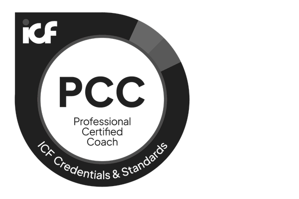 Certification badge for the ICC Professional Certified Coach (PCC) credential from the International Coaching Federation (ICF), featuring a circular design with the ICF logo, and text indicating credentials and standards.