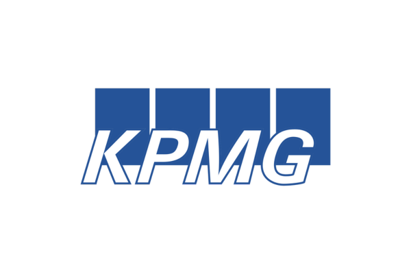 KPMG logo with stylised blue squares and white text.