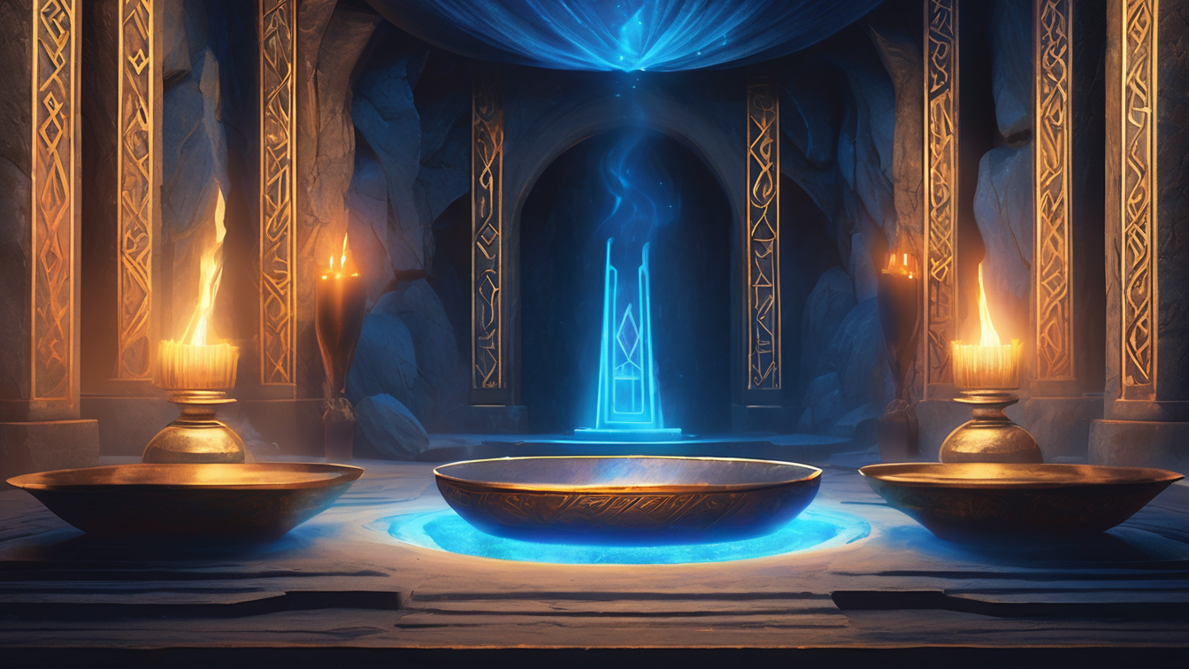 A mystical room with three large, glowing bowls and two fire-lit torches on golden pedestals, with a blue glowing doorway at the back, rock formations, and intricate golden patterns on the walls.