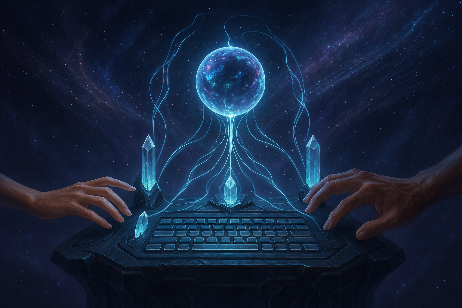 Digital artwork of two human hands reaching towards a floating holographic computer with glowing blue crystals, a globe, and swirling light streams in a starry cosmic background.