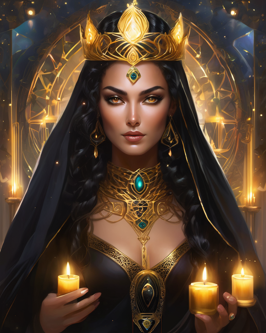 A woman dressed as a fantasy queen or witch, wearing a black cloak and ornate gold jewelry, holding three lit candles, with a mystical, glowing background.