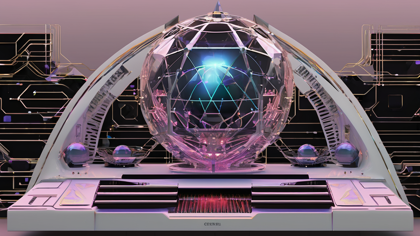 Futuristic geometric structure with glass spheres and neon lighting, resembling a high-tech holographic display or scientific installation.