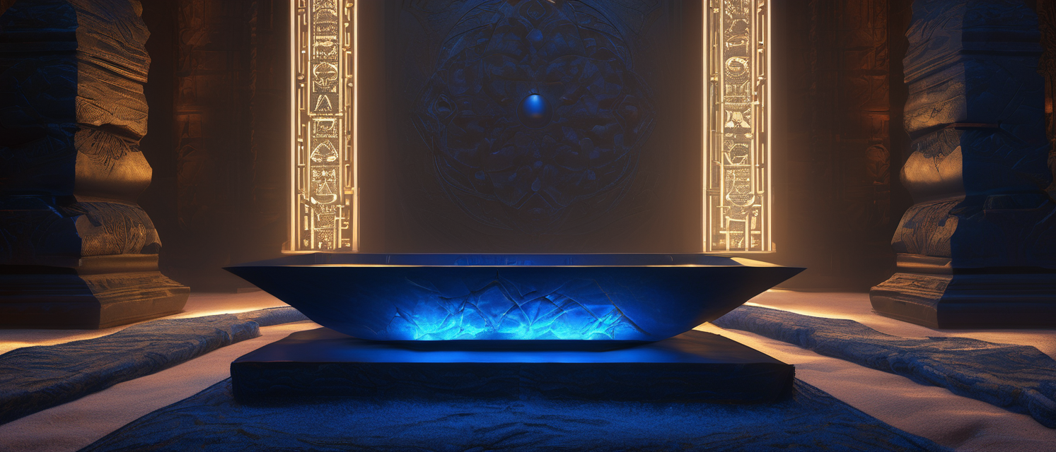 Ancient Egyptian-style room with stone columns and hieroglyphics, featuring a large, glowing blue bowl or altar in the center with a blue orb above it, illuminated with warm and blue lighting.