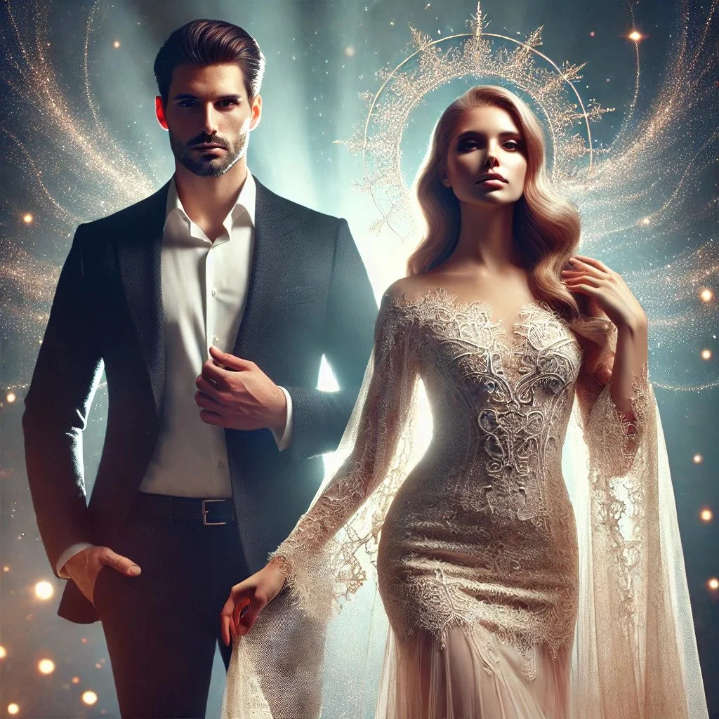 DALL·E 2024-07-01 15.20.07 - Digital art of an elegant and mystical scene featuring a man and a woman with ethereal, goddess-like presence. The man stands with confidence, exuding.jpg