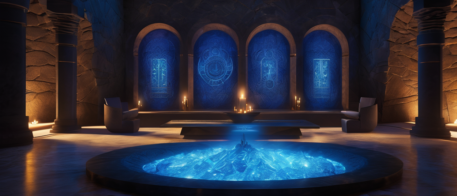 Mystical indoor chamber with blue glowing ice fountain, surrounded by stone walls and columns, with chairs and lit candles in the background.