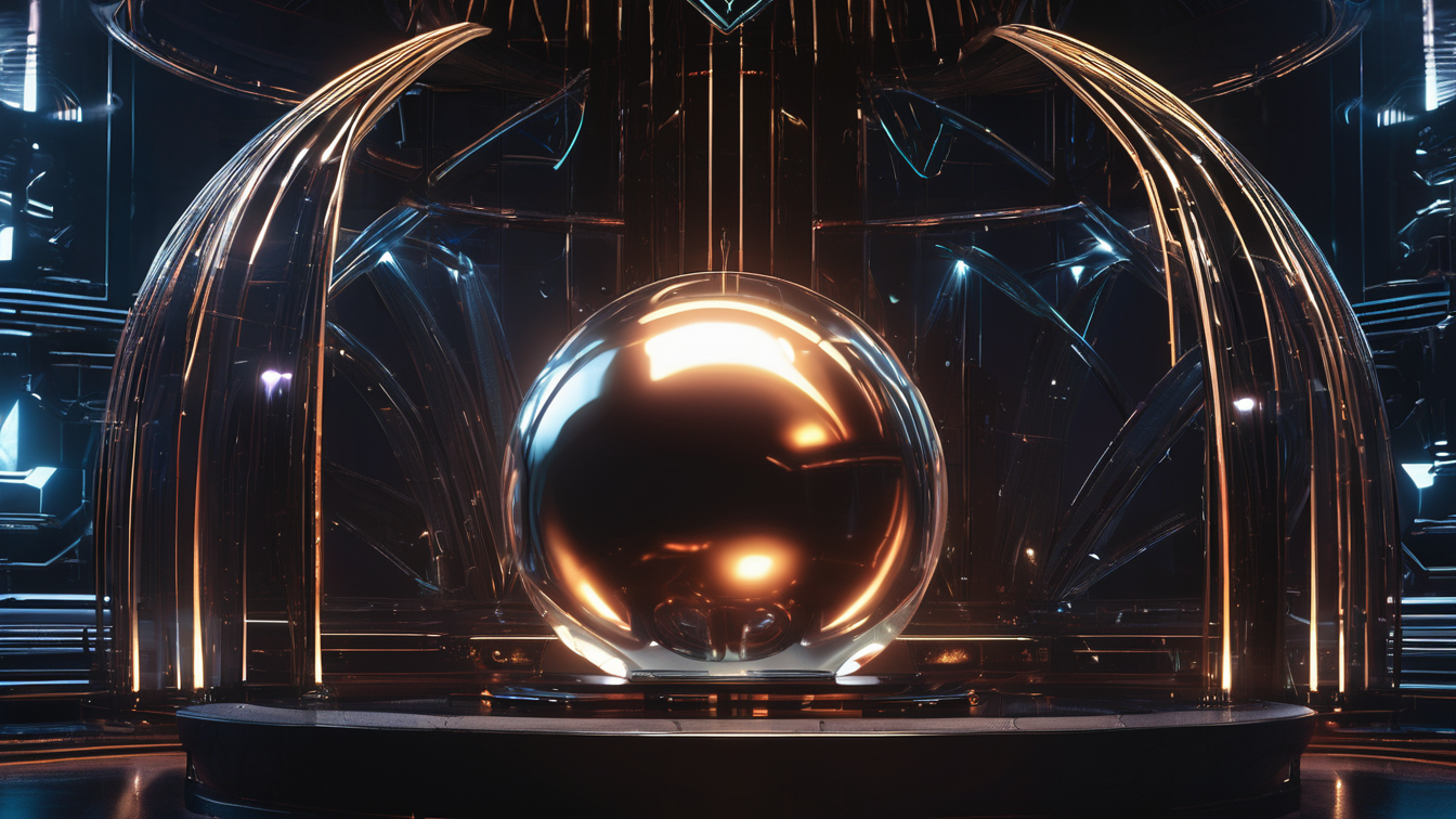 A shiny metallic sphere surrounded by a futuristic, metallic, and neon-lit structure.