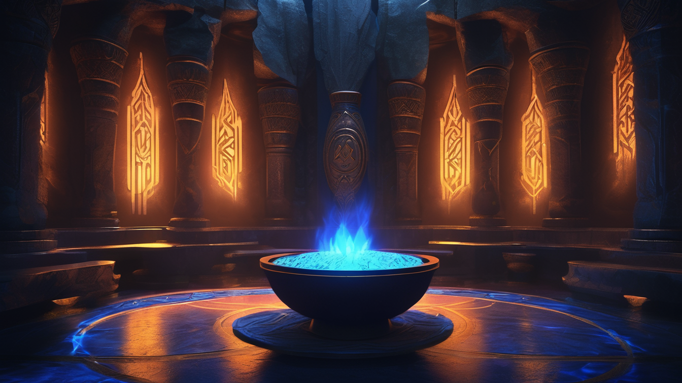 A fantasy-style scene with a glowing blue fire in a round bowl surrounded by a circular design, set in a dark room with illuminated symbols on decorated pillars.
