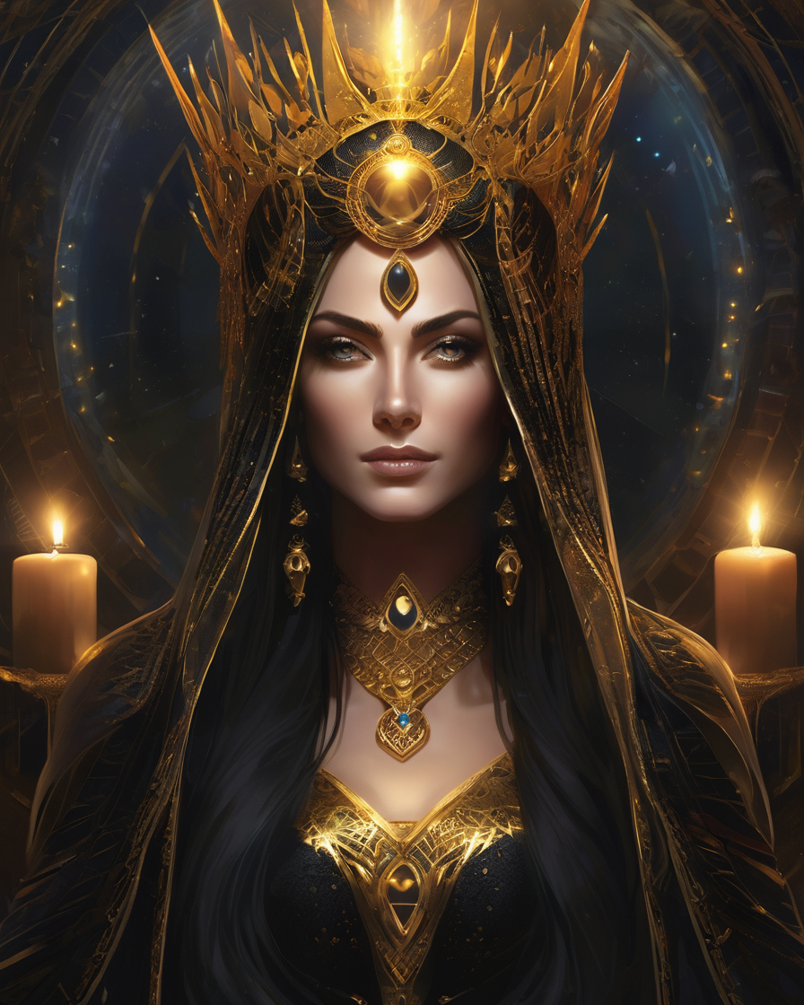 A woman wearing intricate gold jewelry and a dark, ornate outfit with a gold headpiece, set against a mystical background with candles and glowing elements, giving a regal or divine appearance.