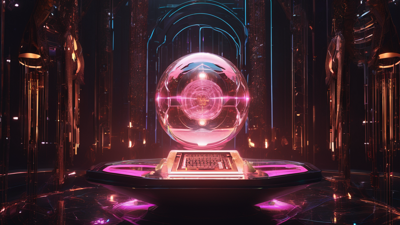 Futuristic scene with a glowing pink sphere floating above a platform with a keyboard, set in a dark, metallic environment with neon lights and reflective surfaces.