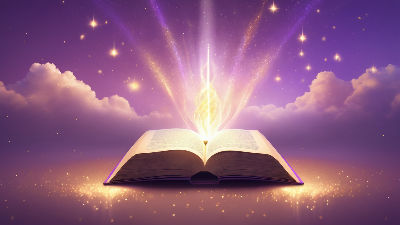 An open book with glowing light and magical sparkles rising from it, set against a purple sky with clouds and stars.