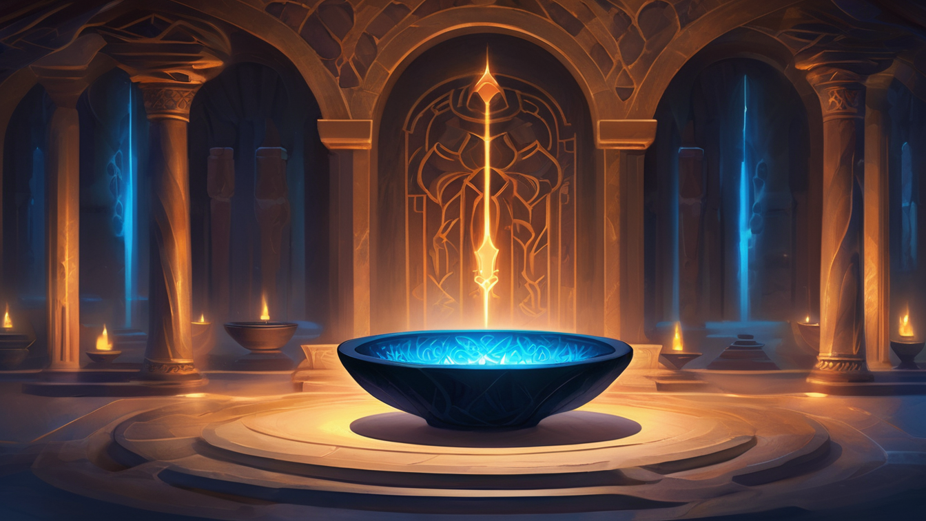 A fantasy-style throne room with ornate columns and a glowing blue and gold ceremonial basin in the center, with a glowing sword design on the background wall.