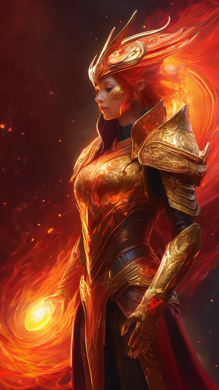 Fantasy character dressed in intricate gold armor with fiery red hair and a glowing orb in her hand, surrounded by swirling flames and sparks.