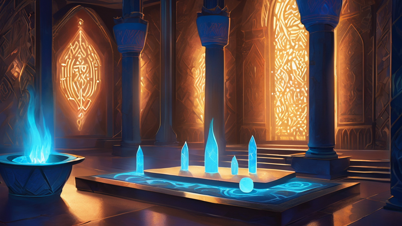 Glowing blue magical crystals arranged on a platform inside an ornate, illuminated hall with tall columns and intricate wall patterns.