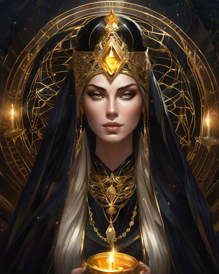A fantasy-style woman with glowing green eyes and long black and blonde hair, wearing a gold and black crown and elaborate jewelry, holding a lit candle with a golden glow, surrounded by intricate gold geometric designs.