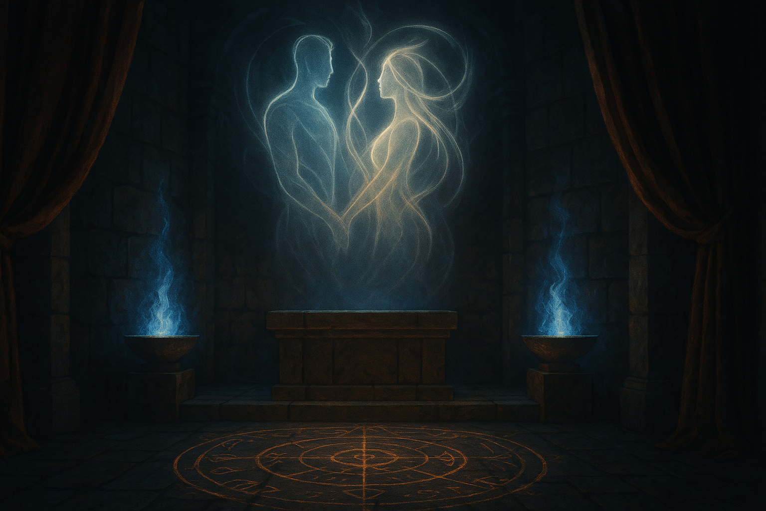 Mystical scene in a dark stone chamber with two floating outline figures, a male and female, holding hands. Ethereal light and blue flames are present, with a glowing circular symbol on the floor.